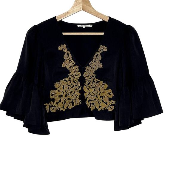TULAROSA HARPER BLACK BELL SLEEVE GOLD EMBROIDERY CROP TOP SIZE XXS - Picture 1 of 9
